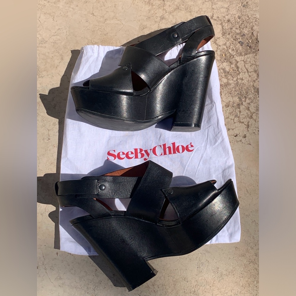 See by Chloe Black Wedge Sandals. Size 36.5